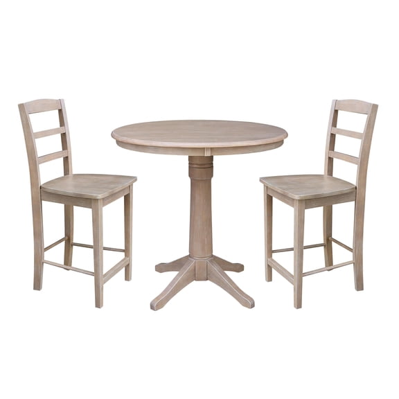 36" Round Counter Table and 2 Madrid Stools in Washed Gray Taupe - Set of 3