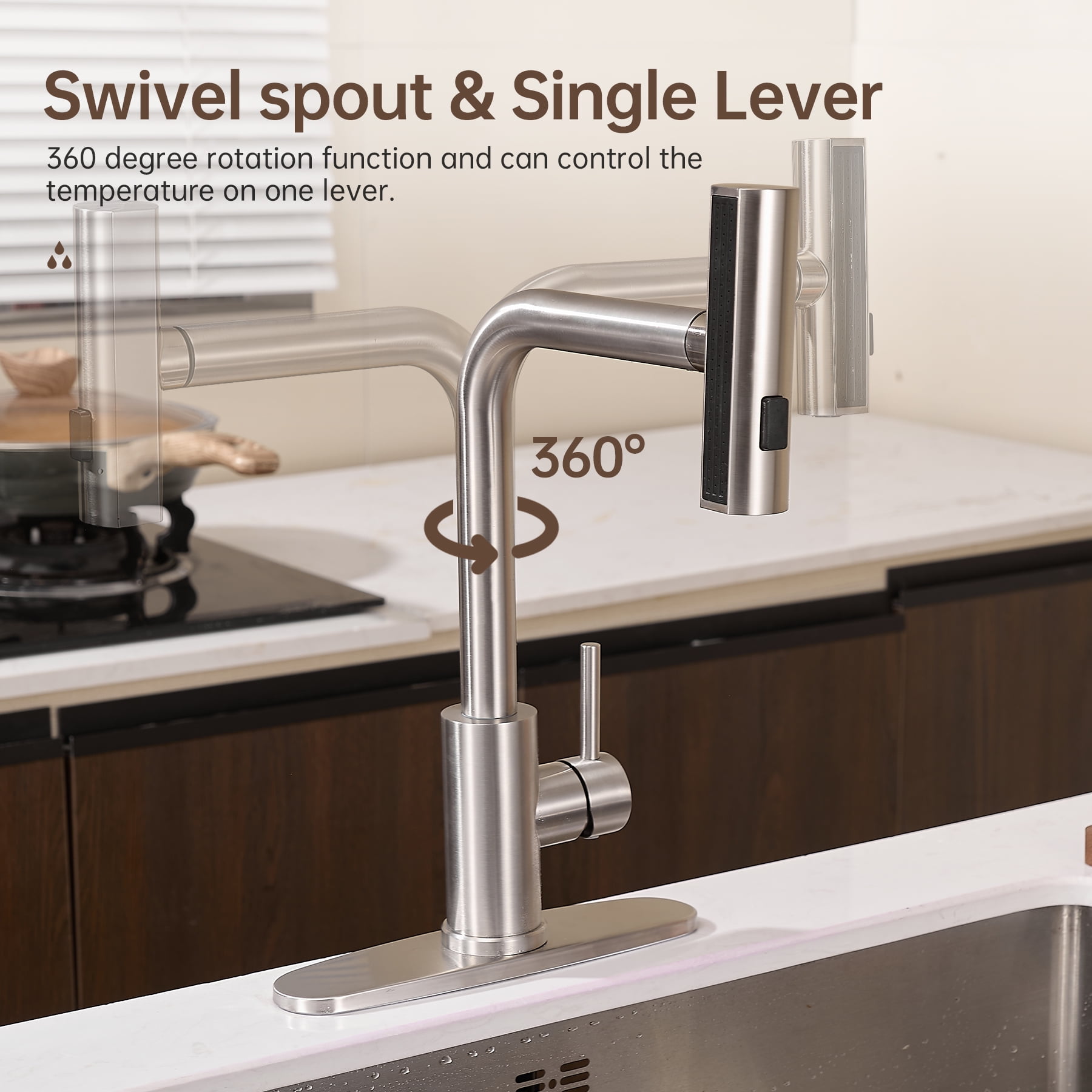 Kitchen Faucet with Pull Down Sprayer, Brushed Nickel Waterfall Single Hole Handle Stainless Steel Kitchen Sink Faucets,