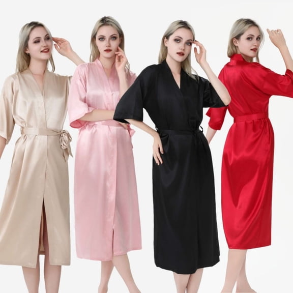 LYMAYTER Women Casual Bathrobe Fashion Solid Color Soft Sleepwear Summer Satin Long Robes M-2XL