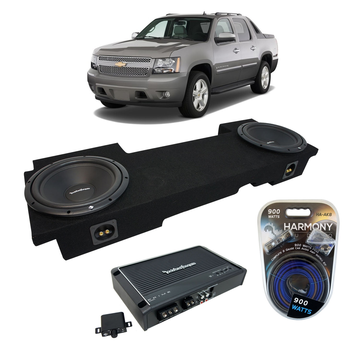 Compatible with 2002-2013 Chevy Avalanche Underseat Harmony Bundle R124 Dual 12 Rhino Coated Sub Box & HA-A400.1 Amp 