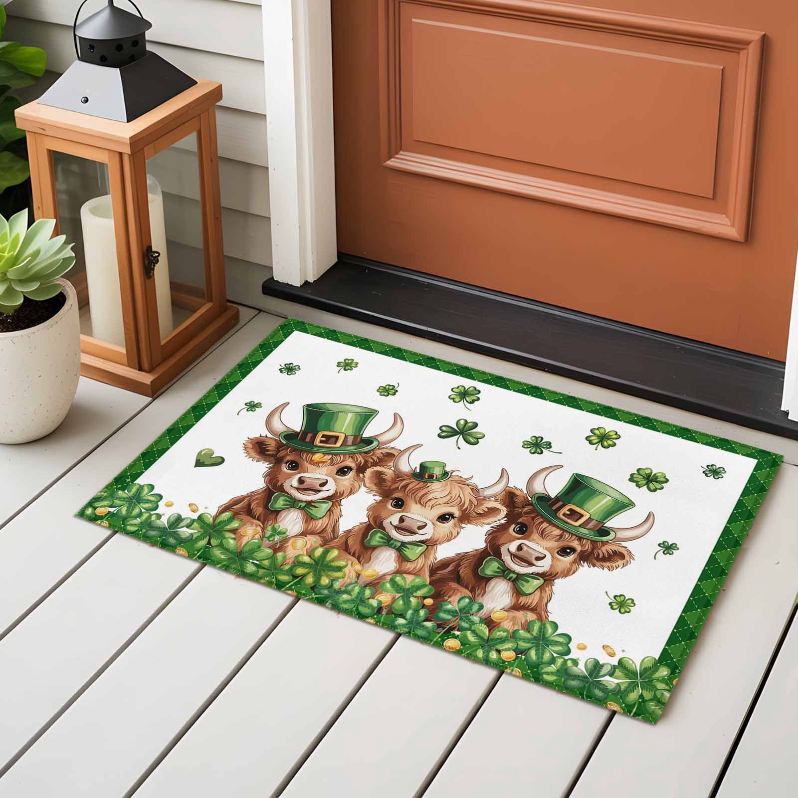 Entryway Rug 2'x3', St. Patrick's Day Small Rug for Kitchen Bathroom Door Mat Indoor Entrance, Cute Highland Cow Shamrock Gold Coin Green Non-Slip Area Rugs Floor Mats Carpet Front Door Rugs