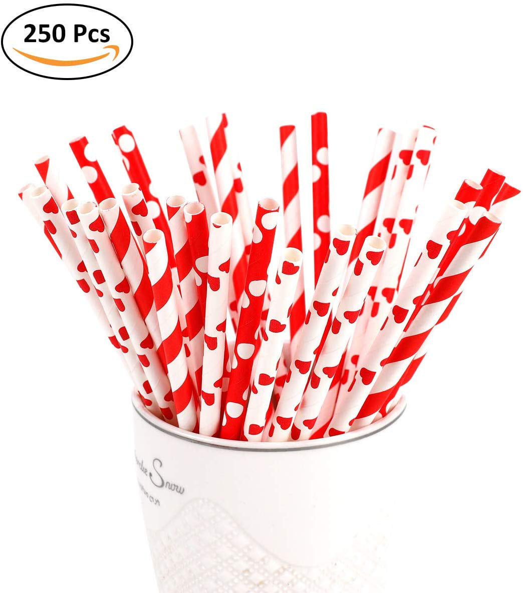 8" Red & White Striped Paper Drinking Straws Biodegradable Boxes of 250 