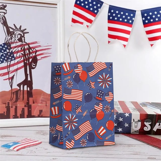 Uklsqma Independence Day Gift Bags | 12 Pack Red White Blue Kraft Paper Tote Bags | Durable Twisted Rope Handles | Large Capacity Square Bottom | Fourth of July Party Favor Bags | Gift Packaging Sho