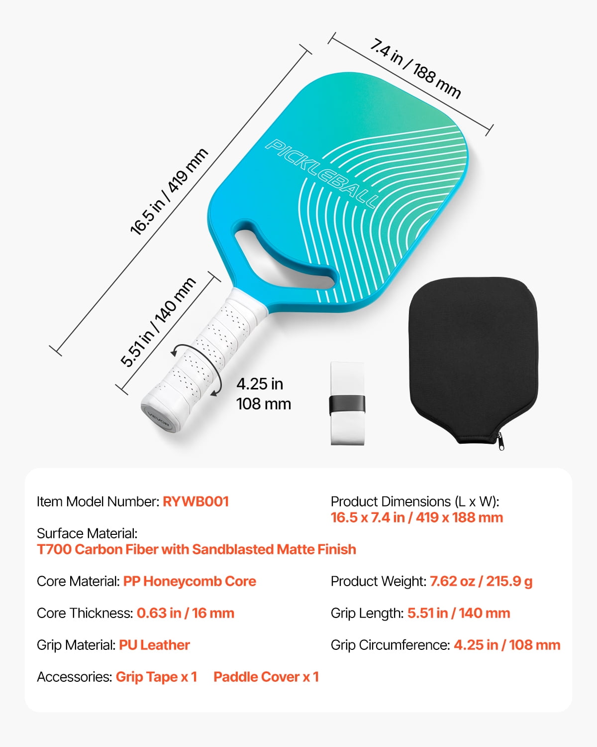 VEVOR Pickleball Paddle with Aero Throat, T700 Carbon Fiber Surface & Honeycomb Core, Professional Pickleball Paddle with Increased Power & Control & Spin, Pickle Ball Racket for Adults, Men & Women