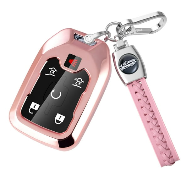 for GMC Key Fob Cover with Leather Keychain, Soft TPU 360 Degree Protection Key Fob Case Compatible with 2017-2021 Silverado Suburban Tahoe Acadia Sierra Terrain Yukon Smart Remote