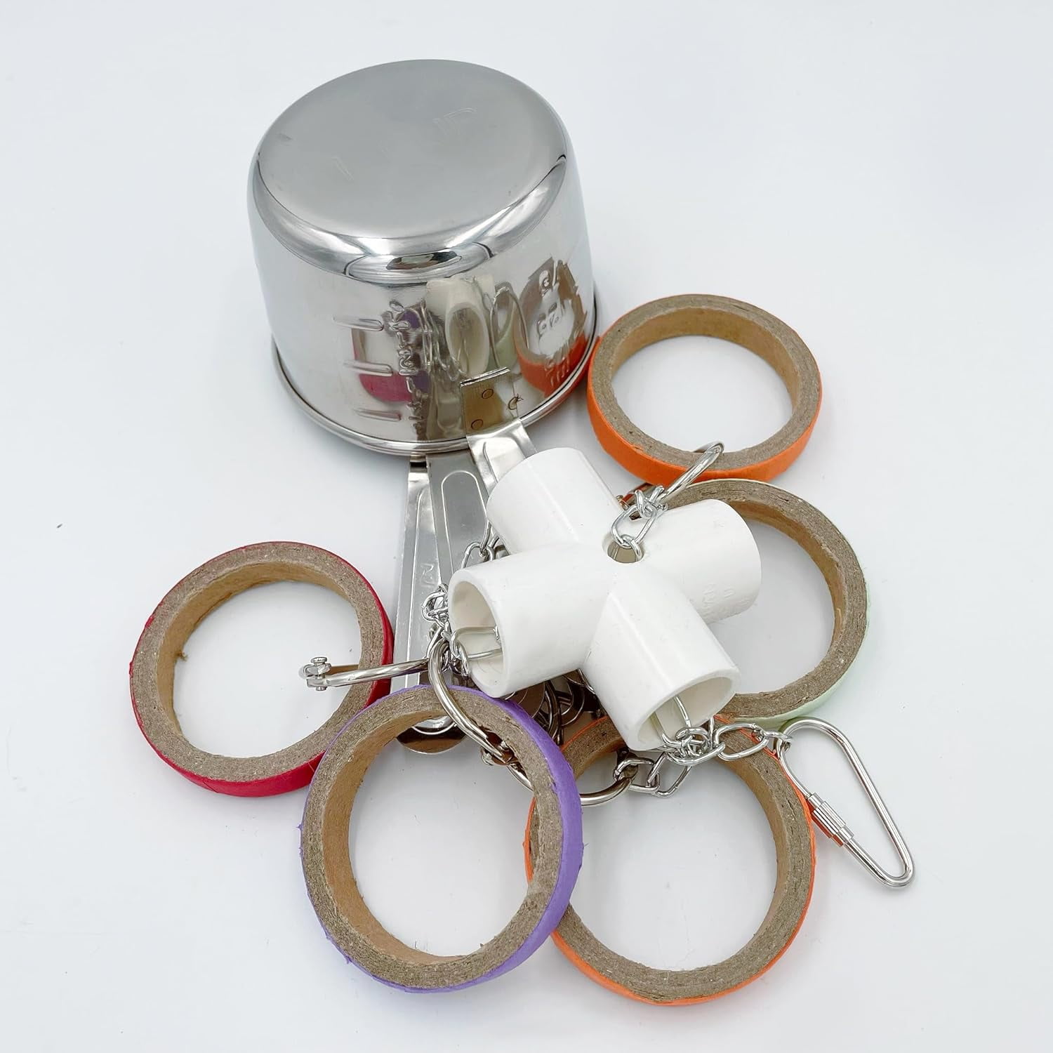 Durable Bird Parrots Toys, Pullable Stainless Steel Cup and Cardboard Ring Toys for Amazons Macaws African Greys Cockatoos Eclectus