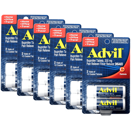 Advil Coated Tablets Pain Reliever and Fever Reducer, Ibuprofen 200mg, 2 x 10 Count Vials Travel Size Pack of 6 (12 vials total)