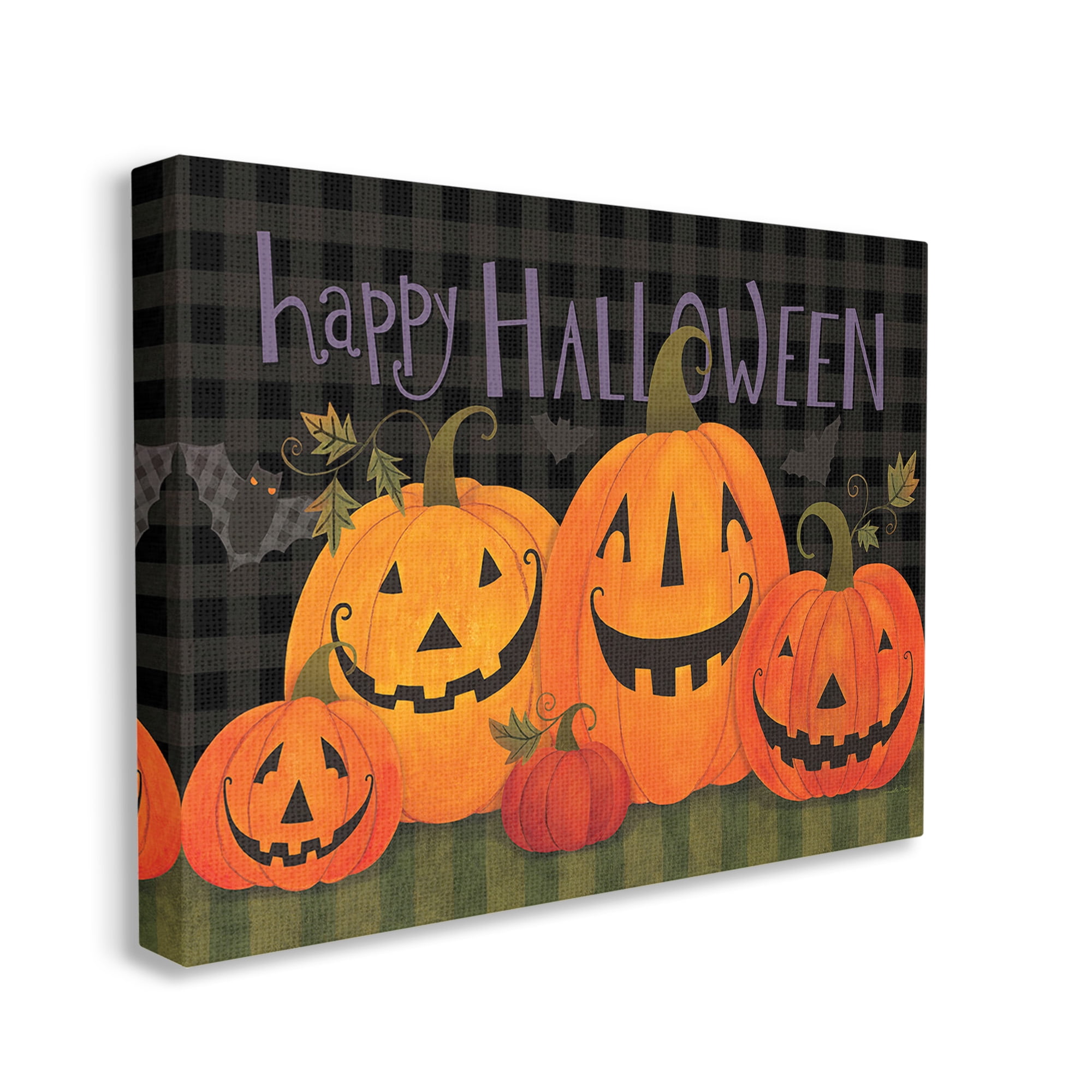 Stupell Industries Halloween Smiling Jack-o-Lanterns Holiday Painting Gallery Wrapped Canvas Art Print Wall Art, 20 x 16