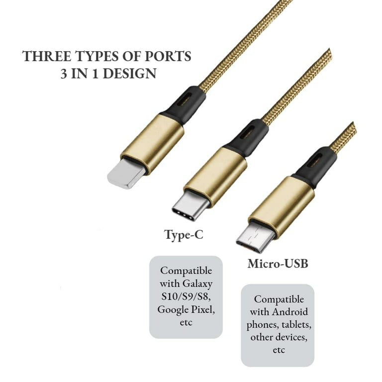 Multi Charging Cable, 4 ft Multi USB Charger Cable Aluminum Nylon 3 in 1  Universal Multiple Charging Cord with Type-C/Micro /Lighting IOSUSB