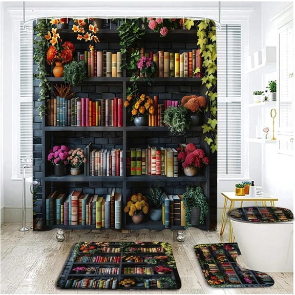 4 Piece Vintage Bookshelf Shower Curtain Set with Rugs, Toilet Lid Cover ,Pink Retro Old Wooden Library Bookcase Mid Century Gothic Magical Books Plant Floral VineBathroom Shower Curtain with Hooks