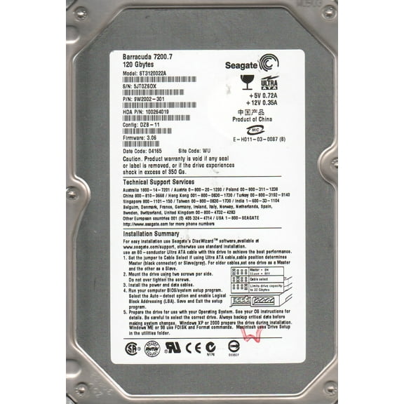 ST3120022A, 5JT, WU, PN 9W2002-301, FW 3.06, Seagate 120GB IDE 3.5 Hard Drive