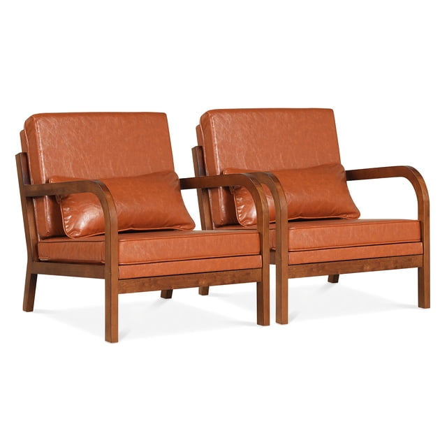 Gymax 2PCS Faux Leather Upholstered Armchair w/ Lumbar Pillow Removable Back Brown