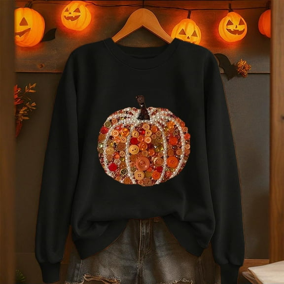Yteetum Halloween Thanksgiving Sweatshirts for Women Pumpkin Print Crewneck Hoodless Sweatshirt Tops Womens Casual Halloween Pumpkin Print Round Neck Loose Fits Long Sleeve Sweatshirts Fall