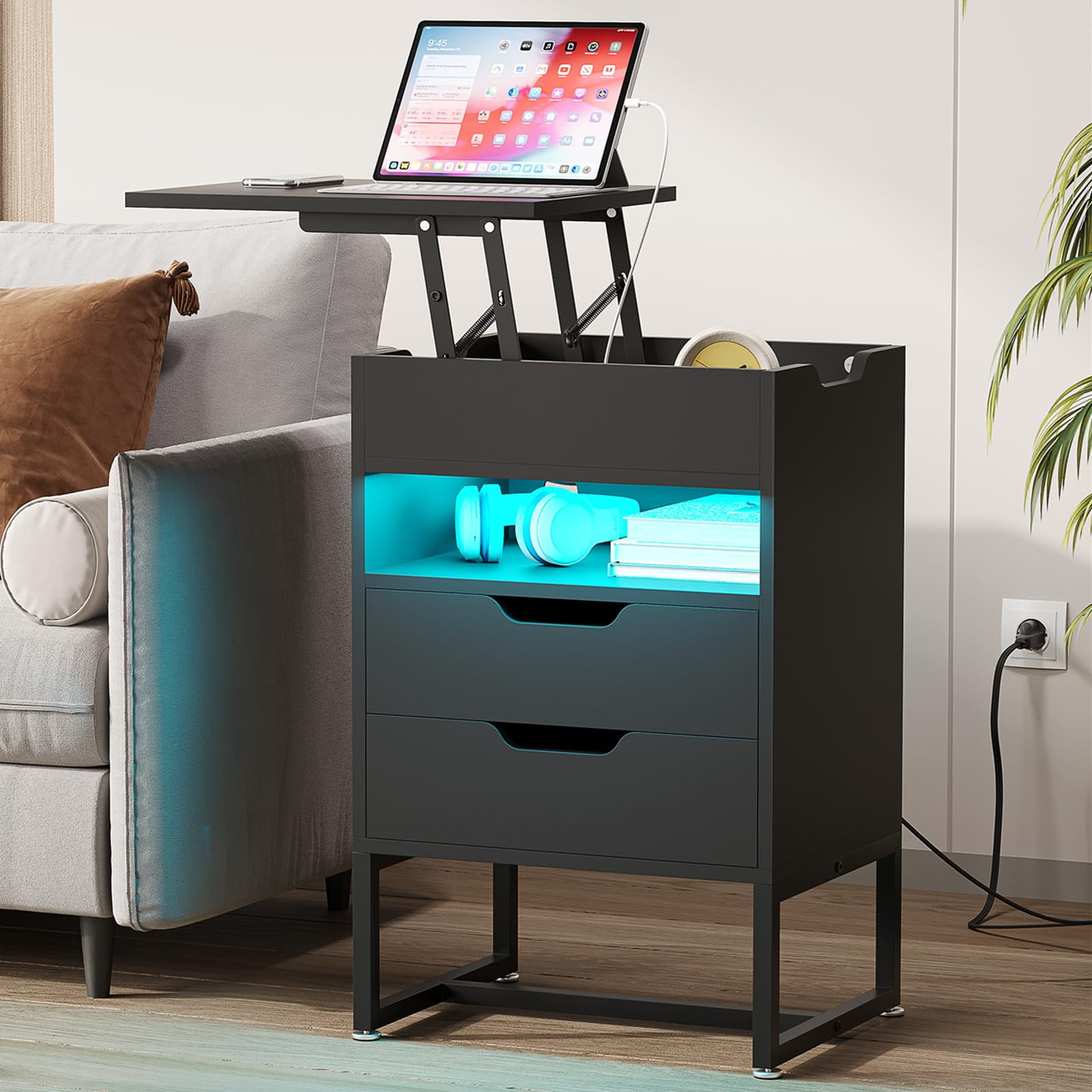 ADORNEVE LED Nightstand with Reversible Lift Top, Bedside Table with 2