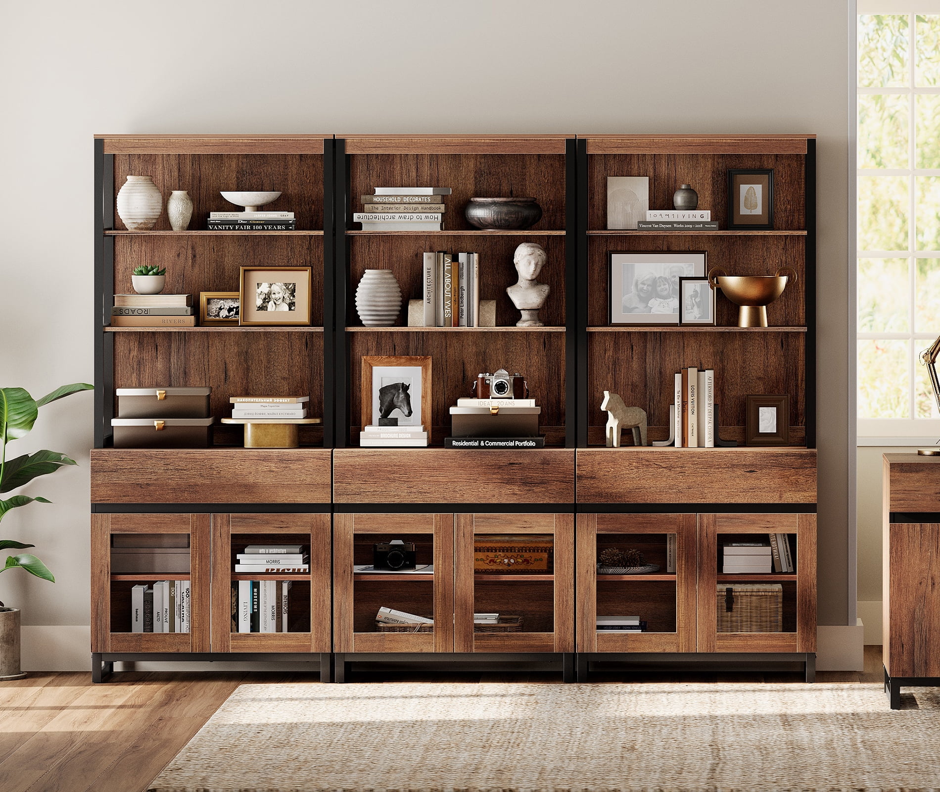WAMPAT 3-Piece Modern 72" Tall Freestanding Bookcase,3 Drawers & Open Shelves with Glass Door Storage Cabinet, Wood Library Bookshelf for Home Office & Living Room