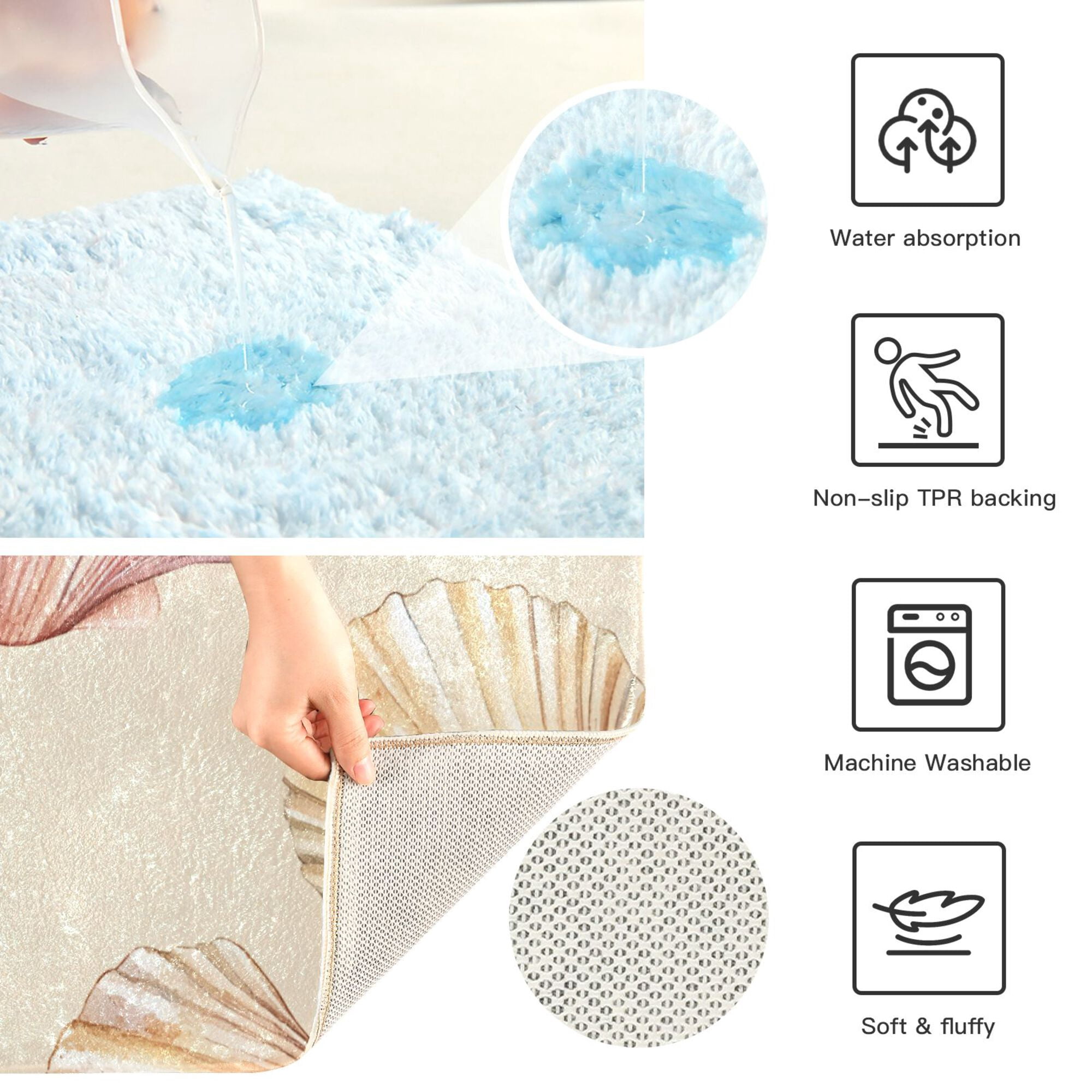 Yayeee Bath Rugs for Bathroom Floor Set of 2 Non Slip Fluffy Soft Absorbent Mat, Watercolor Seashell