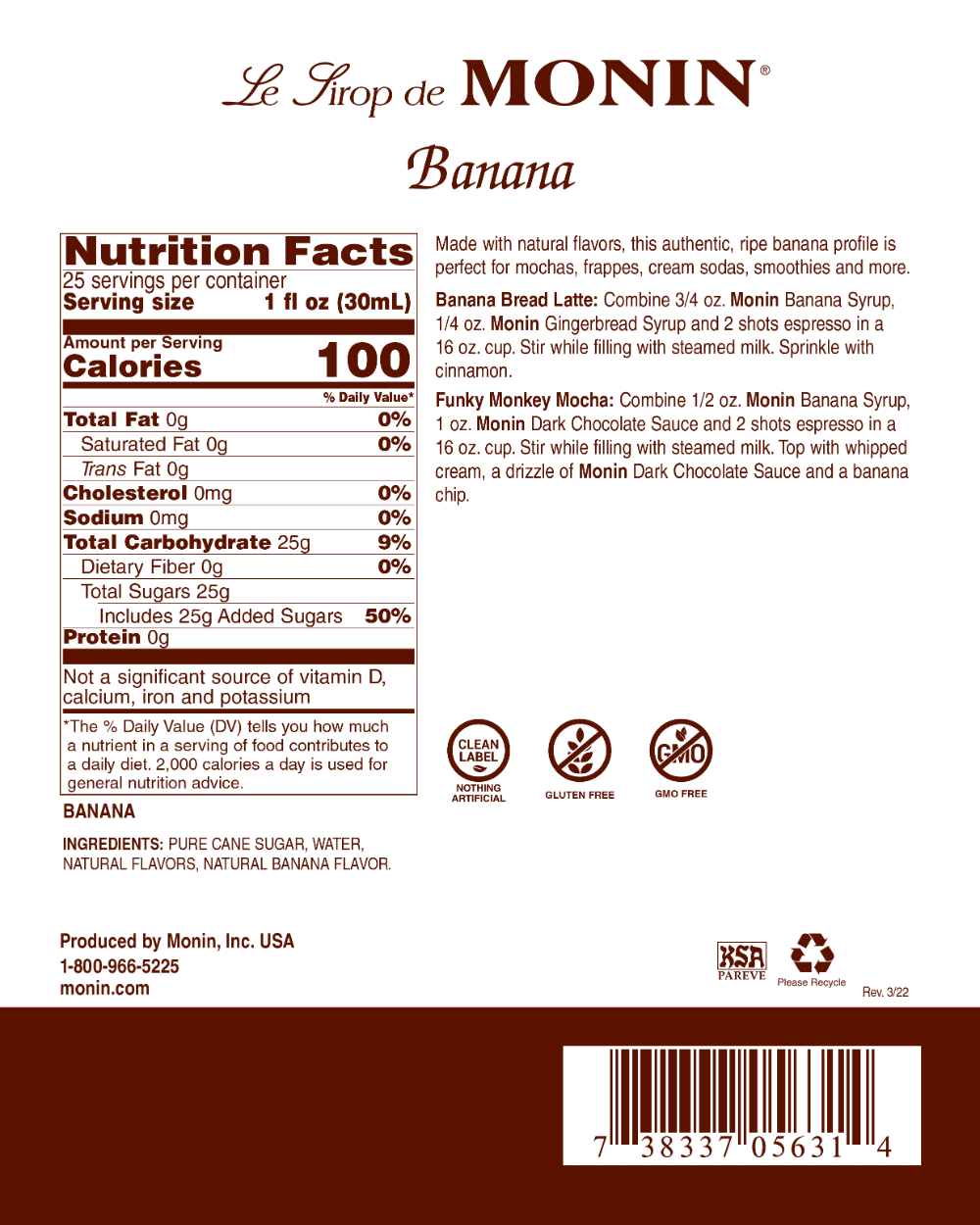 Monin Banana Syrup 750ml