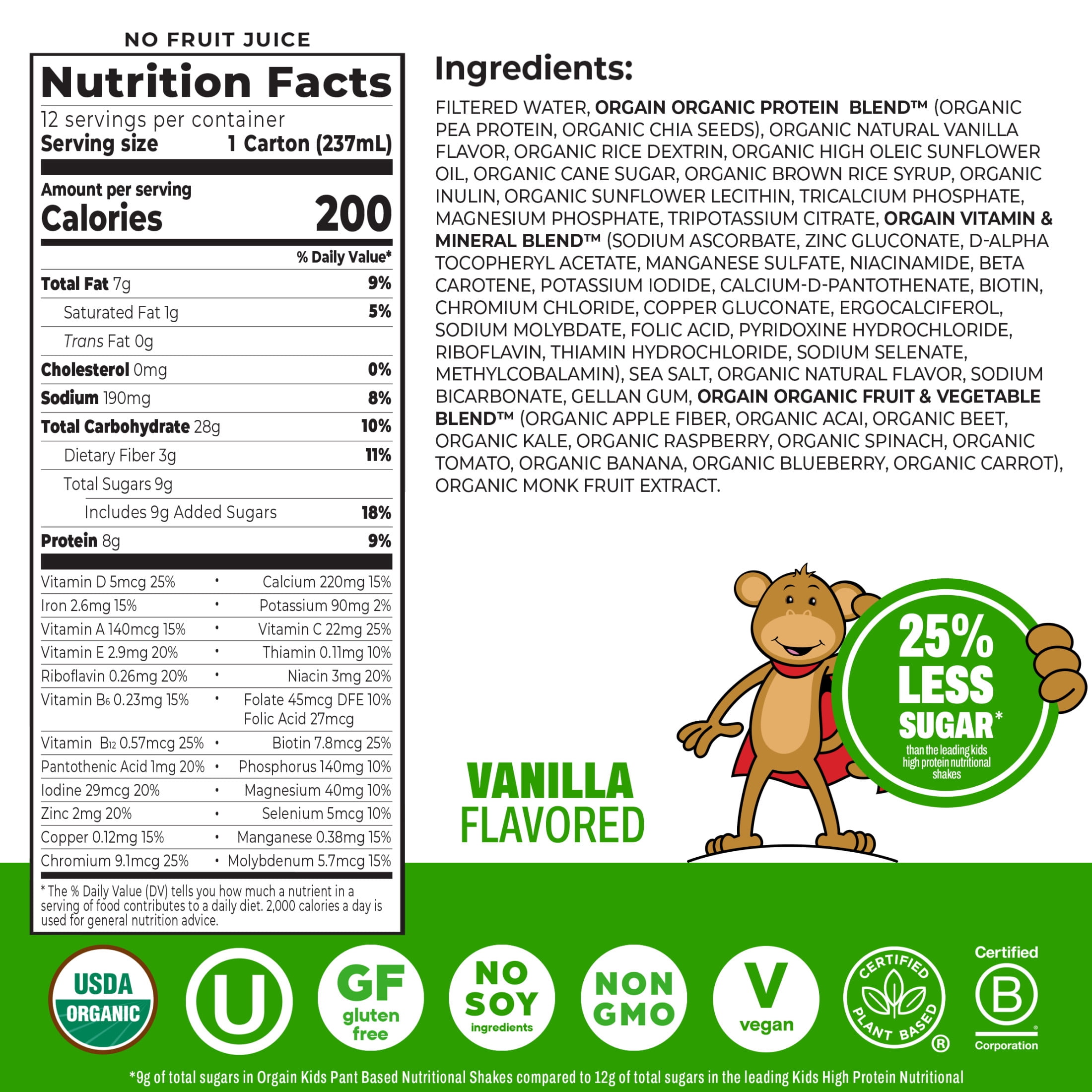 Orgain Organic Kids Nutritional Vegan Protein Shakes, Vanilla, 8 Fl Oz, Pack of 12