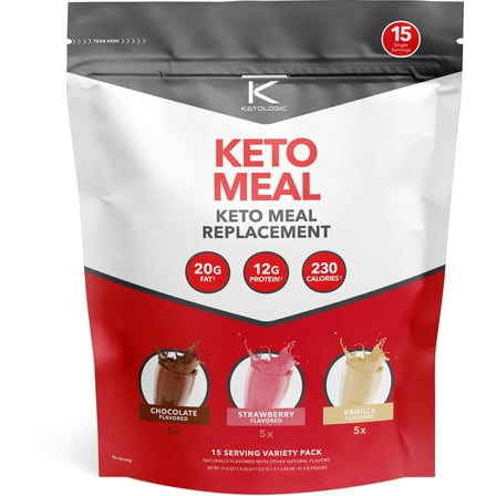 Ketologic Keto Meal Replacement Shake Variety Pack (15 Packets) 3 Flavors - 20g of Fat, 12g of Protein, 230 Calories, Chocolate, Strawberry, Vanilla