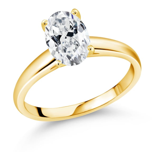 Gem Stone King 10K Yellow Gold Solitaire Ring Set with Oval 9x7mm White Zirconia