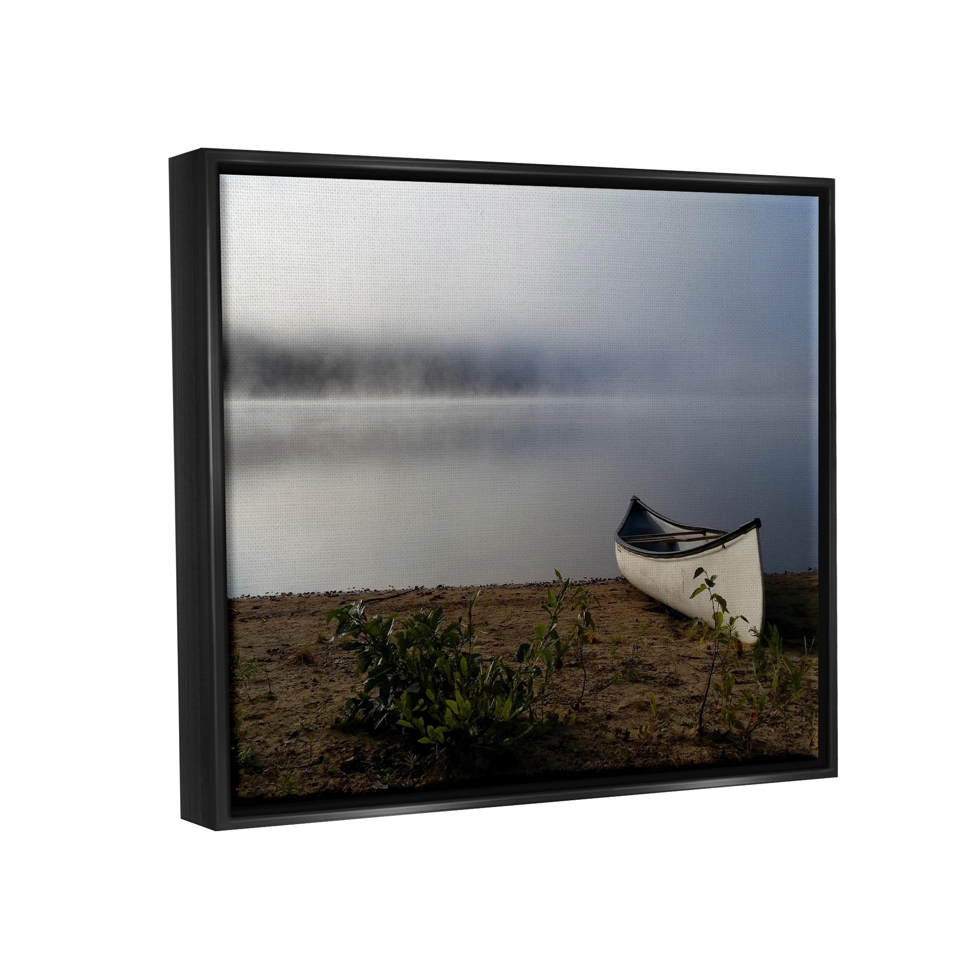 Stupell Industries Lone Canoe Tranquil Foggy Lake Beach Weather Photograph Jet Black Floating Framed Canvas Print Wall Art, Design by Daphne Polselli