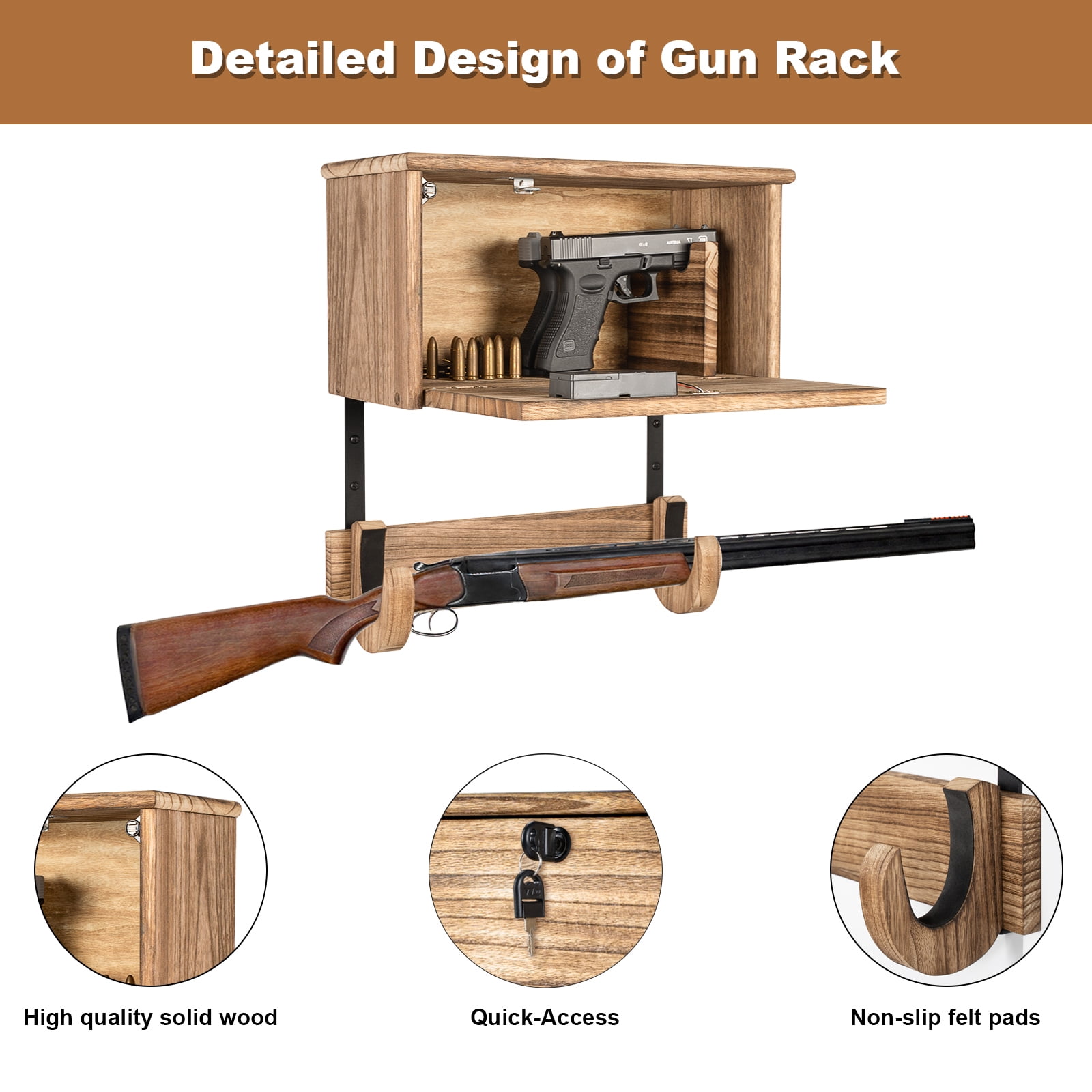Gun Rack Wall Mount Hold Up Displays, Horizontal Gun Racks for Wall, Gun Hardwood Hanger, brown