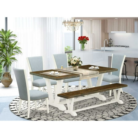 East West Furniture V077VE215-6 6 Piece Dining Table Set – 4 Baby Blue Linen Fabric Dining Chair with Nailheads and Distressed Jacobean Dining Table – 1 Kitchen Bench – Linen White Finish