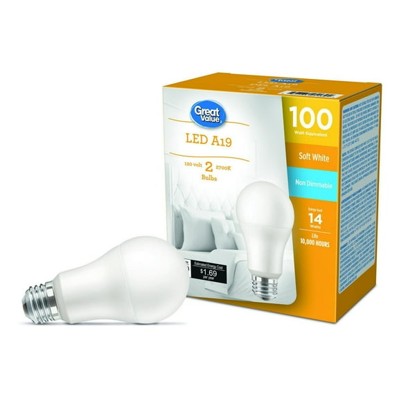 Great Value 100W A19 Soft White LED Light Bulbs - 2 Pack