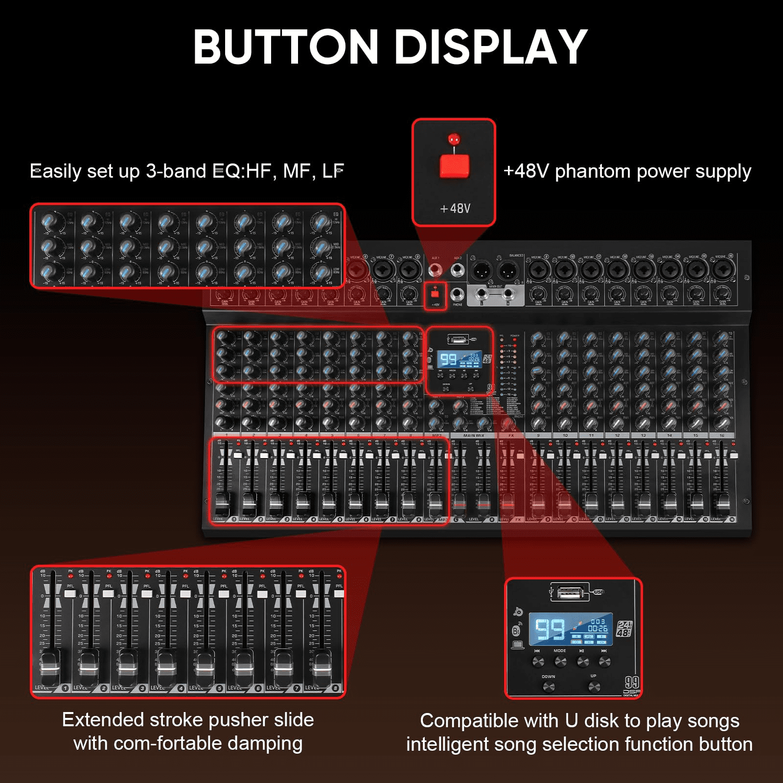 16 Channel Mixer, Professional Audio Mixing Console Studio DJ Board with Bluetooth, 99 DSP Effect,USB Recording, 48V Phantom Power, Reverb, MP3 Player for Live Sound Karaoke Performance