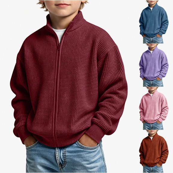 DJDLJWCJ Boys Zip Up Sweatshirts Stand Collar Long Sleeve Solid Color Sweatshirt Comforty Lightweight Full Zipper Jacket Wine Size 3T
