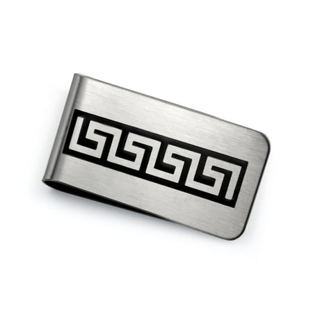 Key Fob Money Clip Greek Key Money Clip For Men Credit Card Holder Engravable Two Tone Black Enamel Inlay Silver Tone Stainless Steel ()