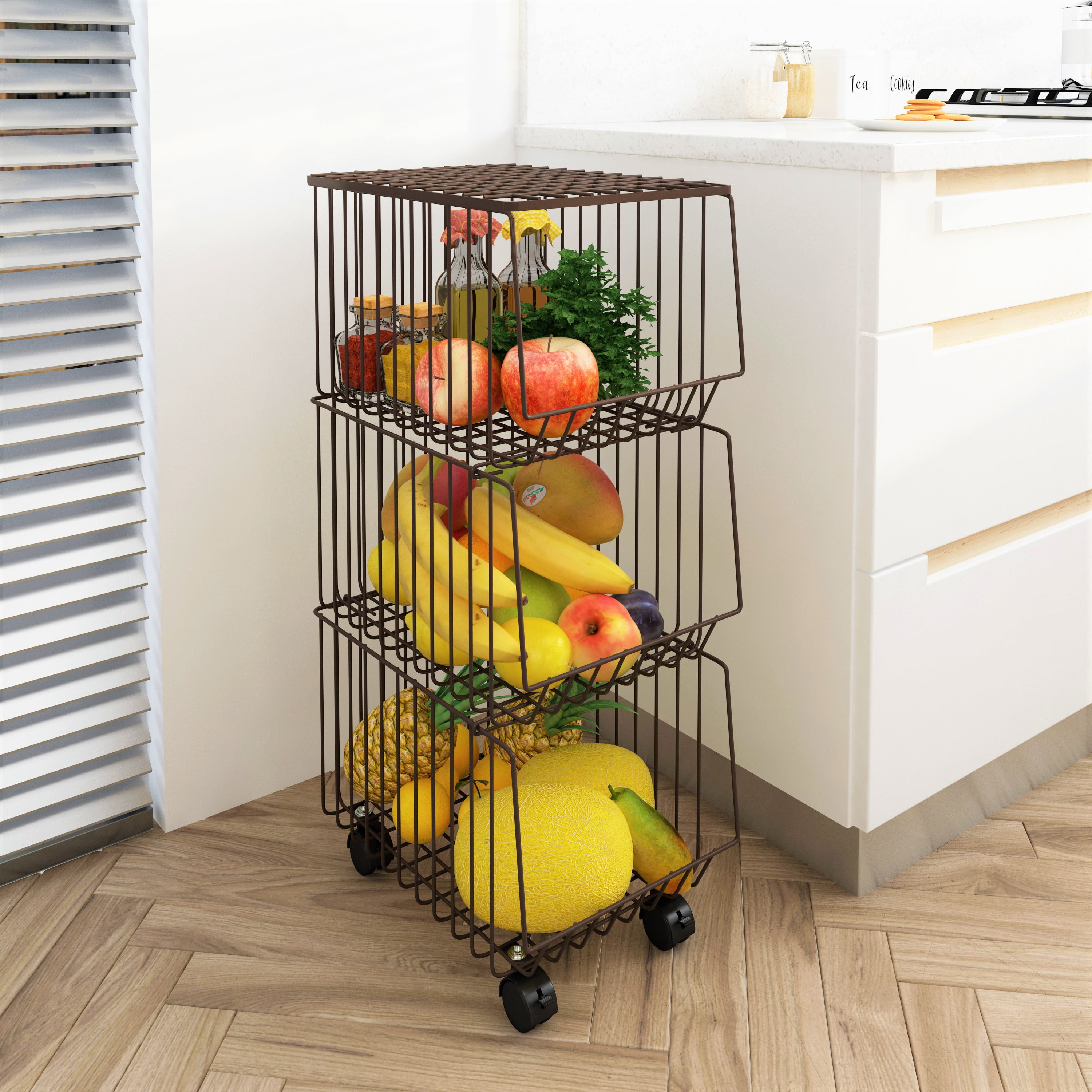 BENOSS 3 Tier Fruit Basket on Wheels Vegetable Storage Cart Metal Wire