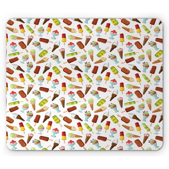 Ice Cream Mouse Pad, Frozen Desserts in Wafer Cone Glazed Eskimo with Whipped Cream Chocolate Sundae, Rectangle Non-Slip Rubber Mousepad, Multicolor, by Ambesonne