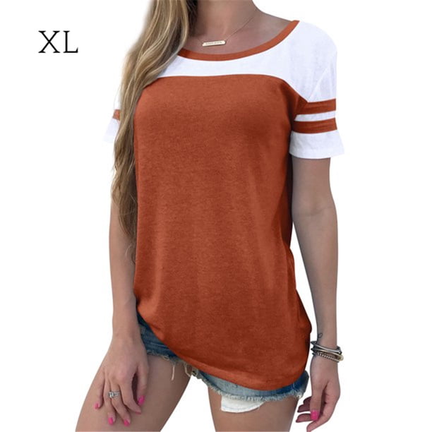 Camiseta de mujer Blusa de cuello redondo de manga corta con bloque de color a rayas, marrón, XL Methold AP001633-19