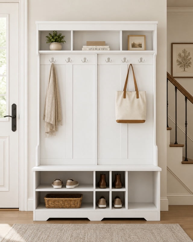 Modern Hall Tree with 6 Hooks, Entryway Coat Rack with Top Storage Space, Multi-Functional Mudroom Organizer Entryway Bench with Shoe Cubbies and Shelves for Hallway, Living Room
