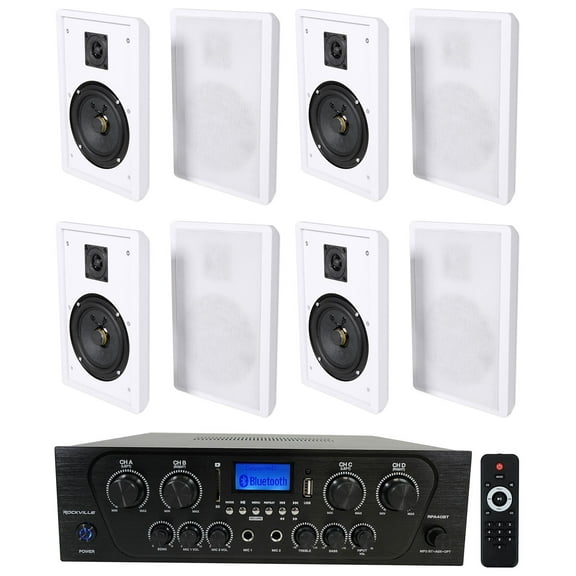 Rockville RPA40BT 4-Room Home Audio Kit Receiver (8) White Slim Wall Speakers