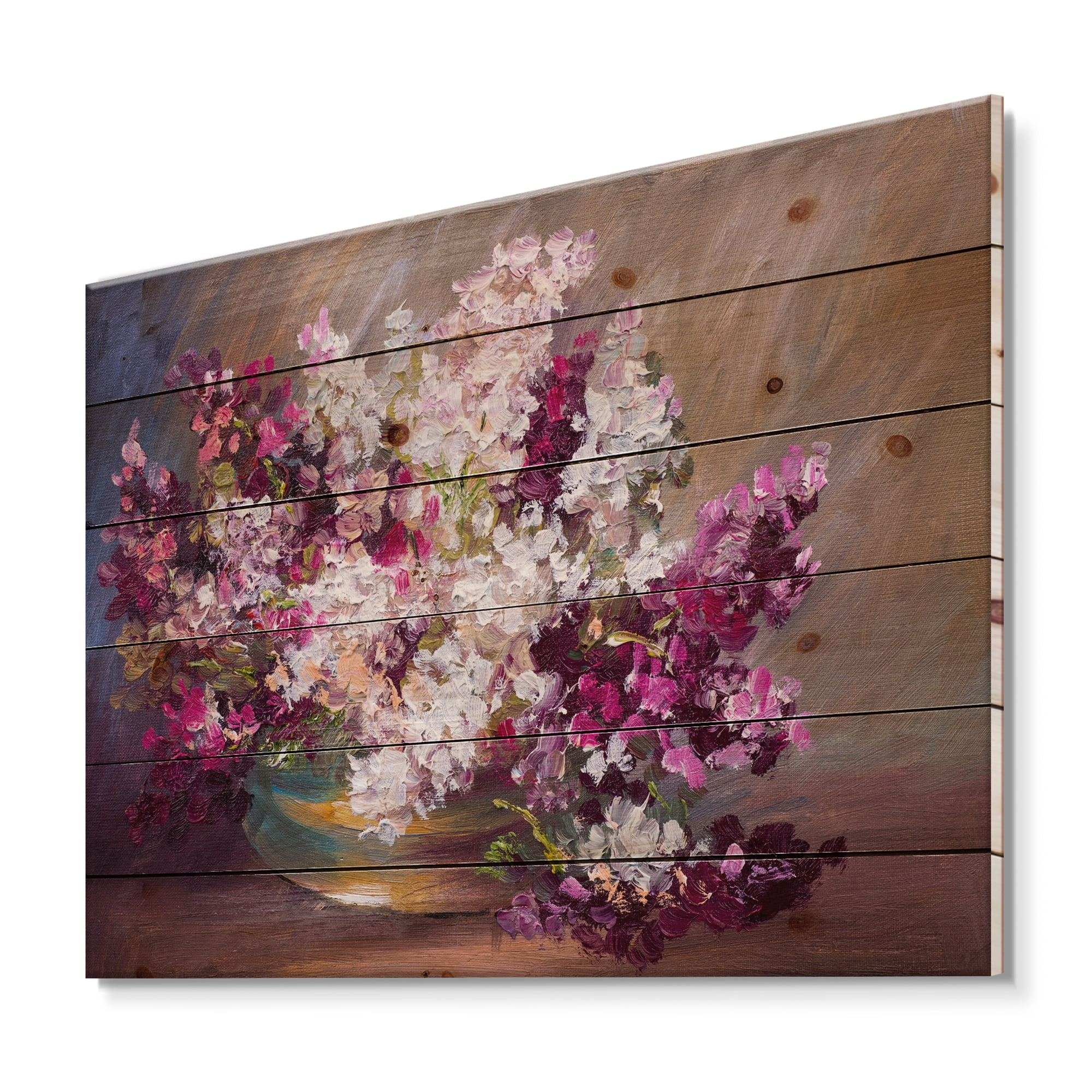 Designart 'Bouquet Of Still Life Lilacs ' Traditional Print on Natural Pine Wood
