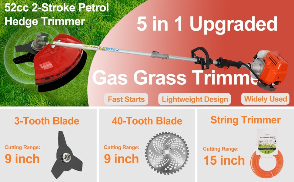 52cc 5-in-1 Multi-Functional Trimming Tool,Gas Hedge Trimmer,Gas Weed Eater,Gas String Trimmer,Gas Grass Trimmer,Brush Cutter,Edger,Pole Saw Chainsaw Pruner with Extension Pole, Lightweight Design