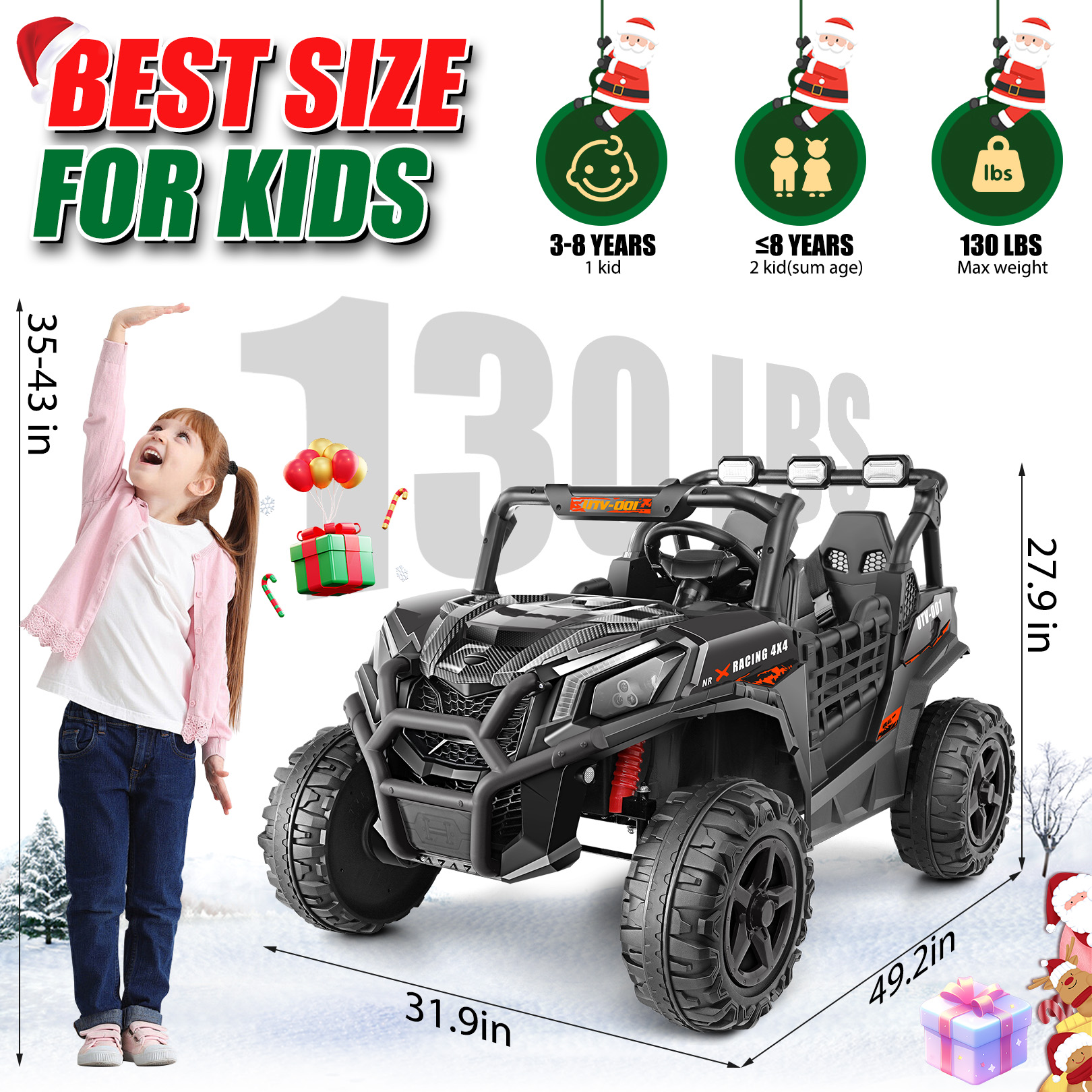 Funcid 24 Volt 2-Seater Ride on Toys, Ride on Cars with Remote Control, Metal Frame, 2 XL Electric Car for Kids, Power Car Wheels, UTV w/ Bluetooth, Music, 3 Speeds, Spring Suspension, Black