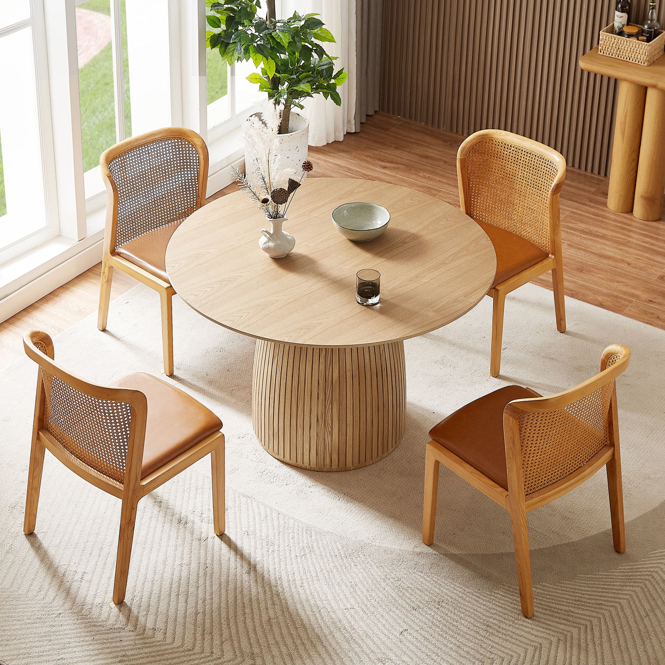 Noble House 47.24" Round Dining Table, MDF Wood T-Base Pedestal, Easy-Clean Modern Top, for Kitchen, Dining Room, Oak