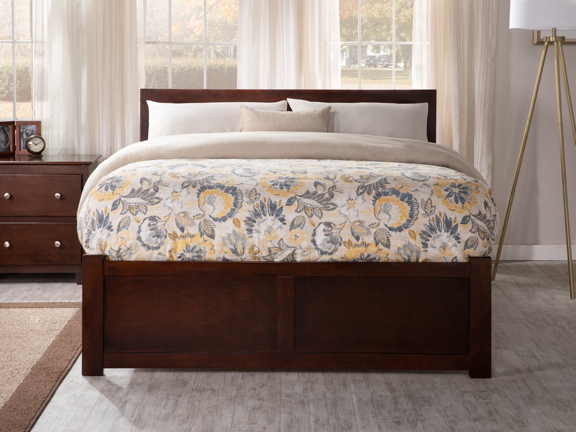 AFI Orlando Queen Wood Platform Bed with Headboard Footboard & Twin XL Trundle, Walnut