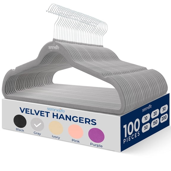SereneLife 100-Pack Premium Velvet Hangers Ultra-Thin, Non-Slip & Heavy-Duty Clothes Hangers with 360 Swivel Hooks Space-Saving Velvet Coat Hanger Set for Shirts, Suits, Dresses & Jackets Gray
