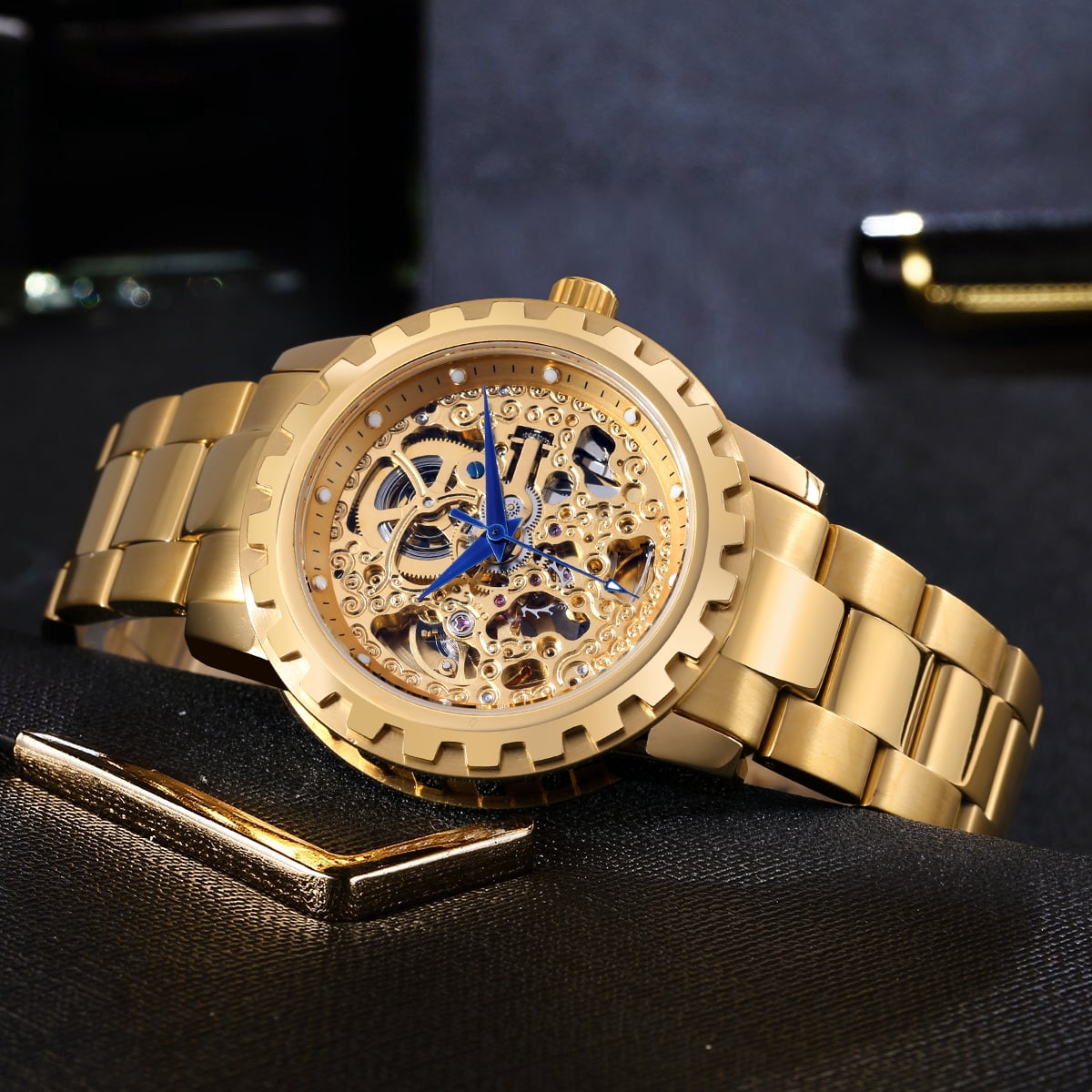 BERNY Automatic Watches for Men, Luxury Skeleton Mechanical Watch Self Winding Carved, Exhibition Caseback, Luminous, 5ATM Waterproof, Stainless Steel, Vintage Men's Wrist Watch (Gold)