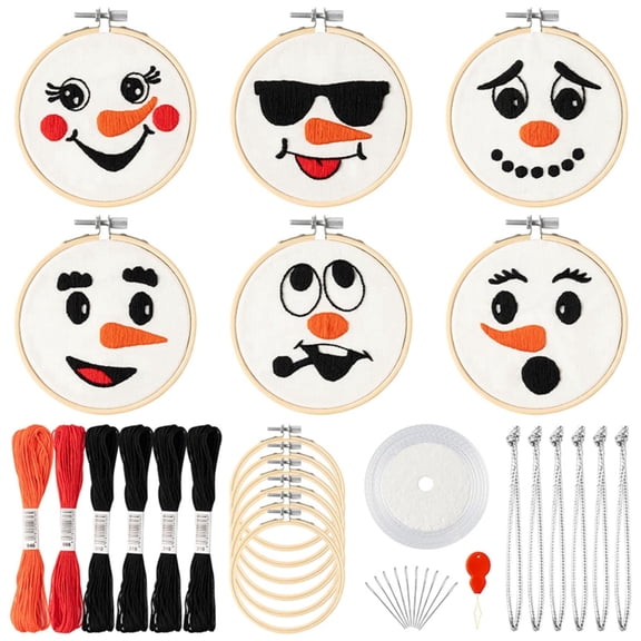 DIY Snowman Face Embroidery Kit, Creative Keychain Pendant Craft for Party,6Counts