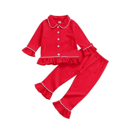 

CenturyX Toddler Baby Girl Pajamas Set Kids Ruffle Long Sleeve Peter Pan Collar Button Shirts Tops+Flare Pants Loungewe Red 4-5 Years