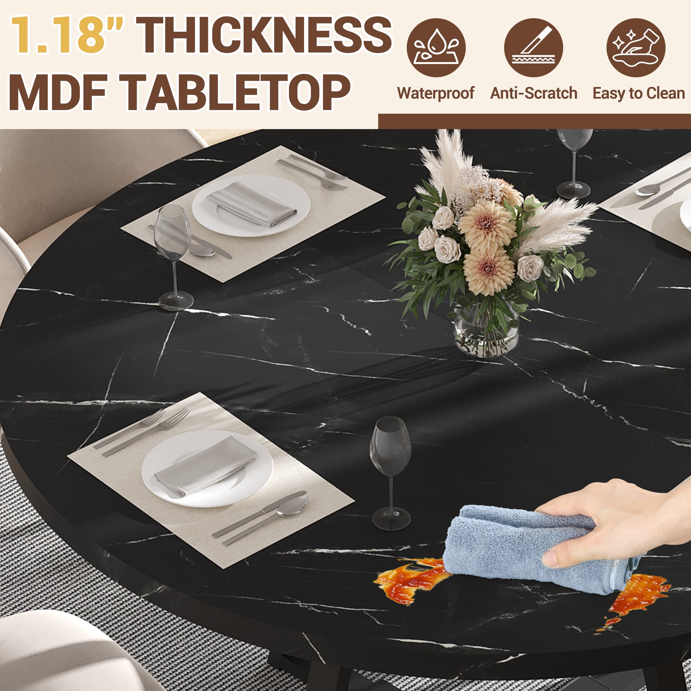 UHOMEPRO Round Kitchen Table for 4, Faux Marble Dining Table with Storage Shelf, Modern High Glossy Dining Room Table with Sturdy Cross-Shaped Base Support (Only Table), Black
