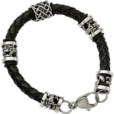 Primal Steel Stainless Steel Polished Antiqued Dragon Black Braided Leather Bracelet