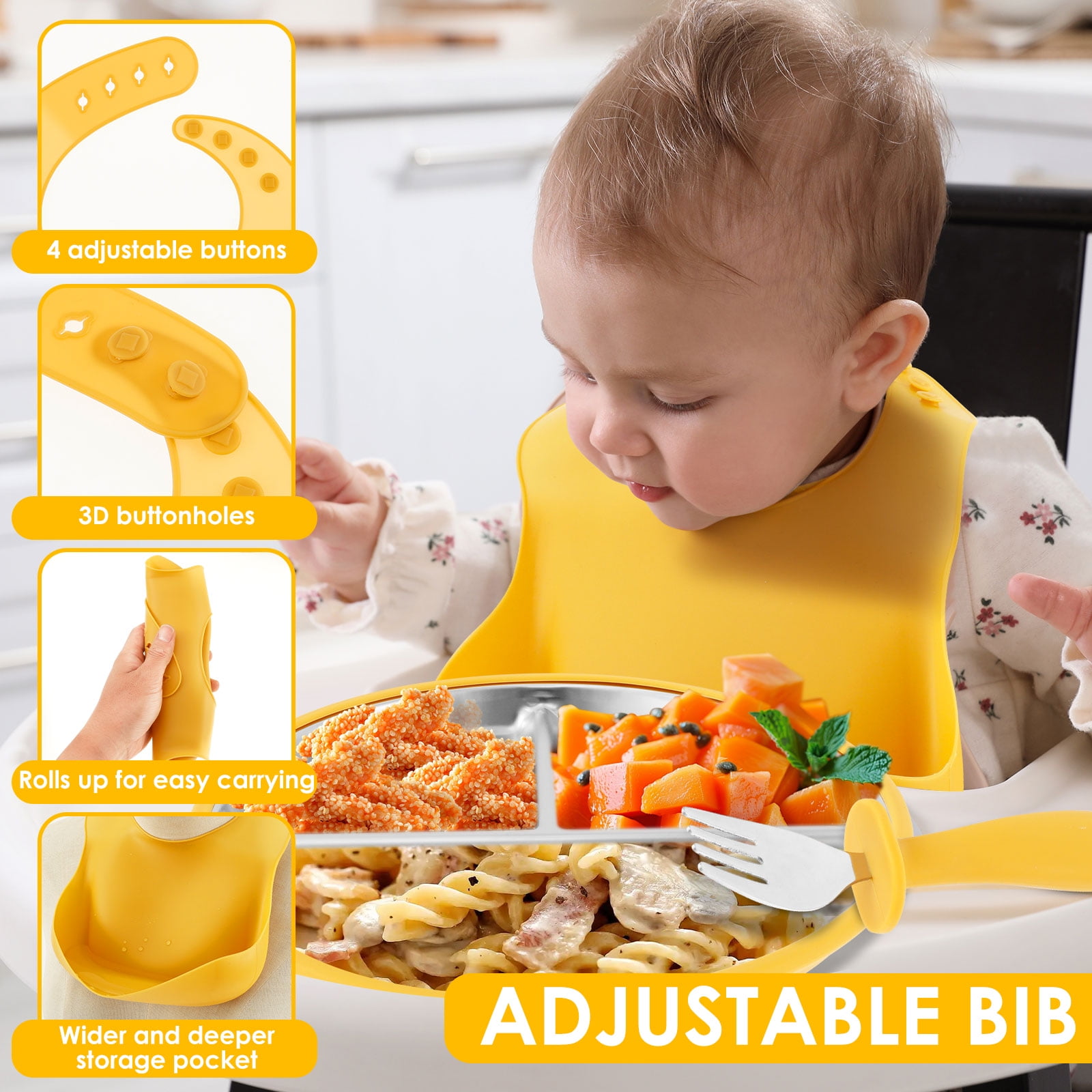6 Pcs Stainless Steel Kids Plates and Bowls Set Toddlers 3 Compartment Suction Bowls with Removable Silicone Shell Self Feeding Plates for Toddlers Baby