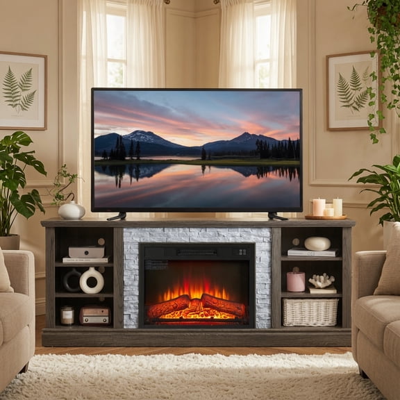 TV Stand for 75-in TV, Media Console w/ 23" Fireplace Insert & Storage Cabinet, Entertainment Center, Grey