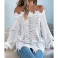 thumbnail image 4 of Women'S Solid Color Openwork Long-Sleeved Sweater, Off-Shoulder Knit Pullover White L, 4 of 10